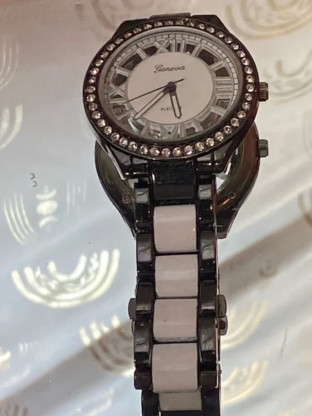 Geneva Black and White Link Bracelet Watch with Crystal Bezel